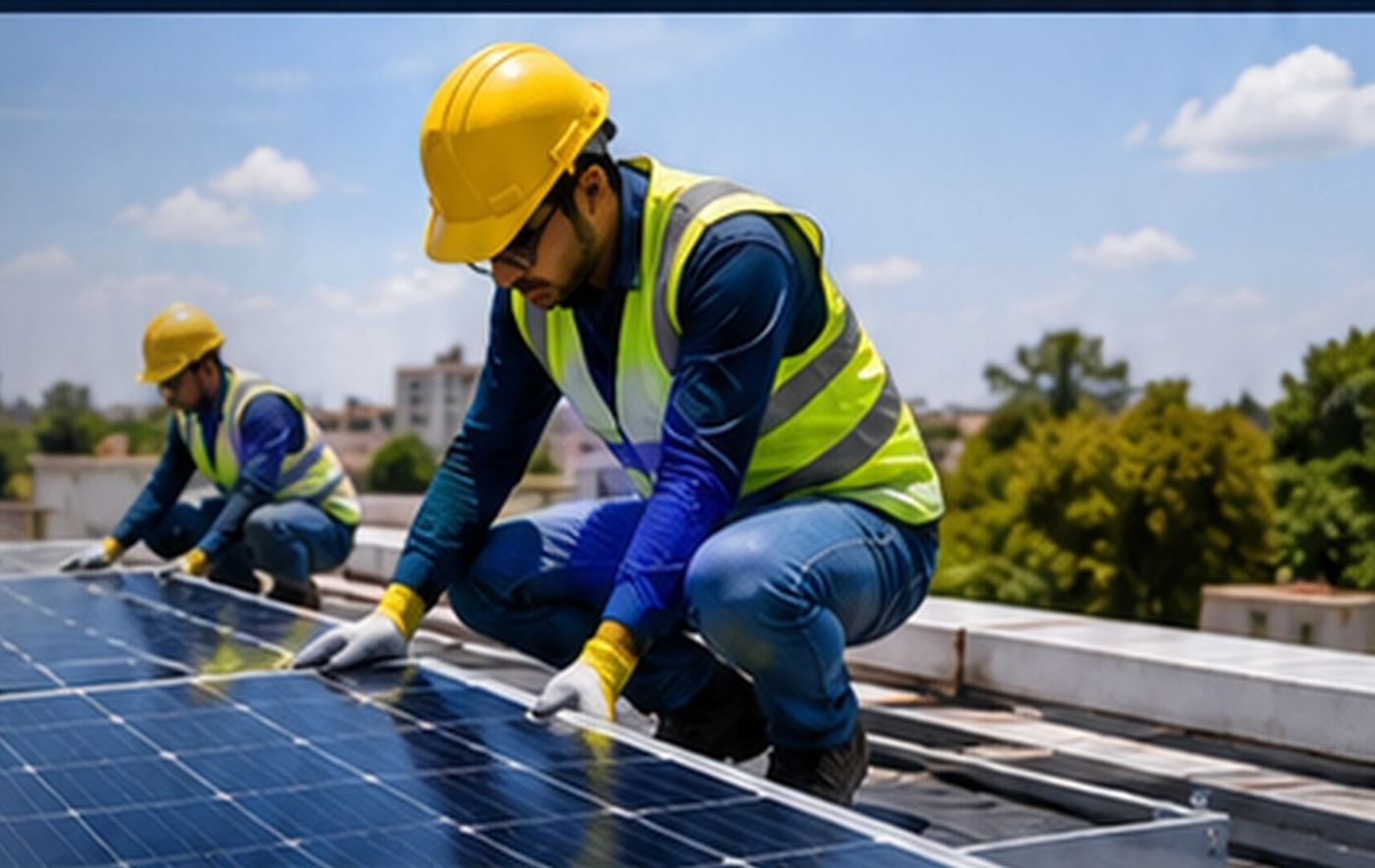 Solar workers installing rooftop solar panels